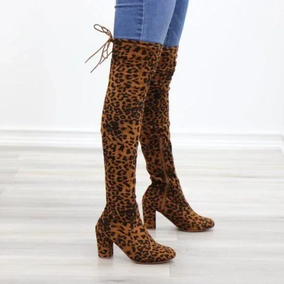 Suede Leopard Thigh High Heeled Boots - Picture 6 of 15
